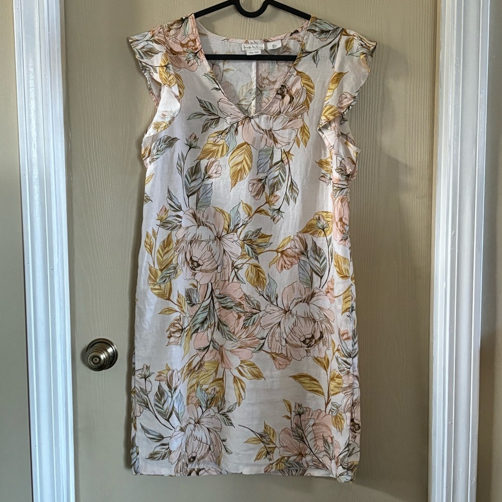 Linen Floral Print Flutter Sleeveless Shift Dress Sz Small